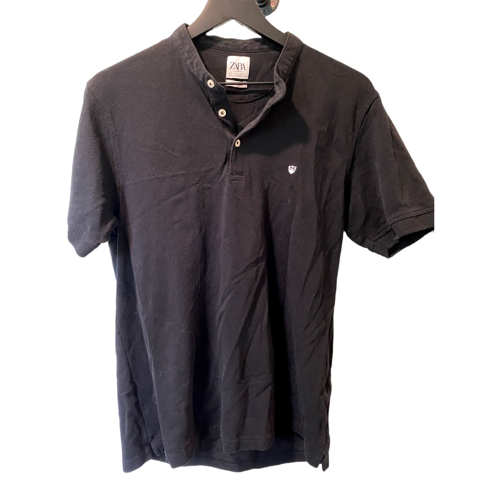 Zara Men’s Black Polo Shirt | Size L | Solid Band Stand Collar